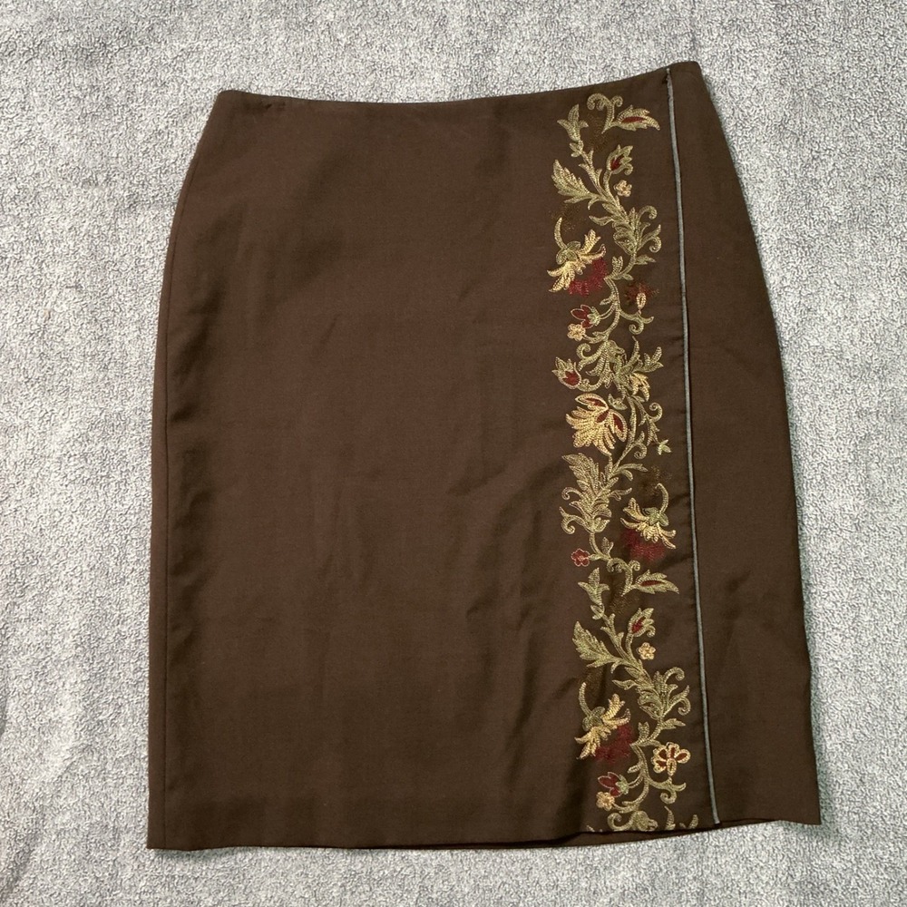 Ann Taylor LOFT Brown Wool Blend Floral Embroidered Pencil Skirt Size 10